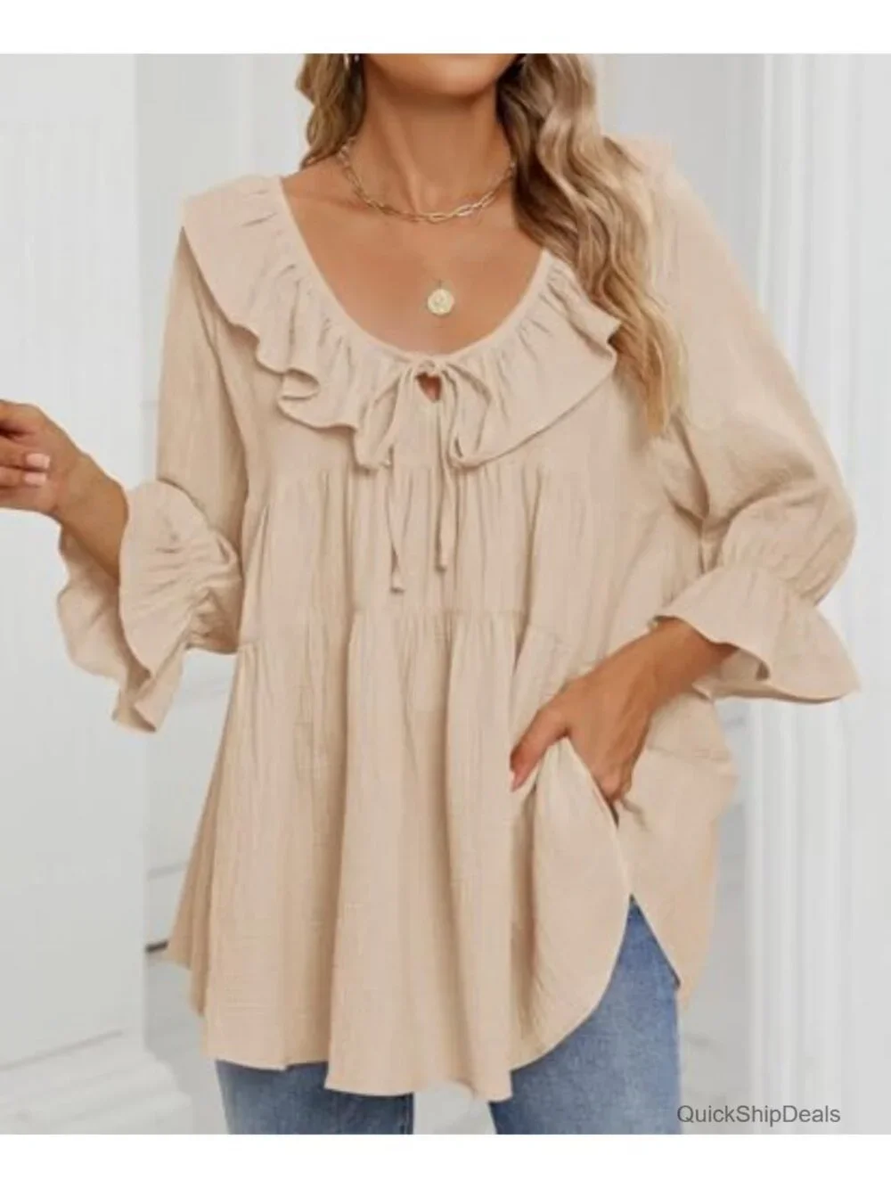 3/4 Sleeve Scoop Neck Tie Front Ruffle Tunic Blouse